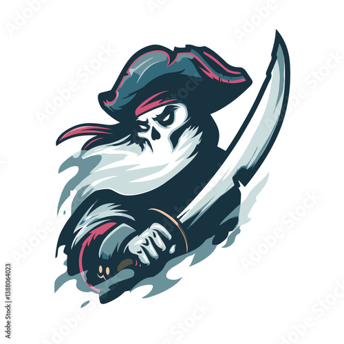 Vector logo depicting a phantom pirate brandishing a sword, suitable for esports and gaming themes with a ghostly appearance