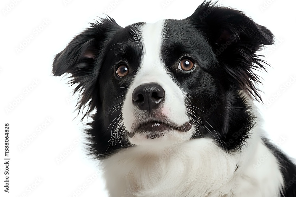 Portrait of attentive black and white Border Collie with expressive brown eyes against white background, close-up view showing distinctive facial markings and alert expression. Portrait of attentive black and white Border Collie with expressive brown eyes against white background, close-up view showing distinctive facial markings and alert expression.