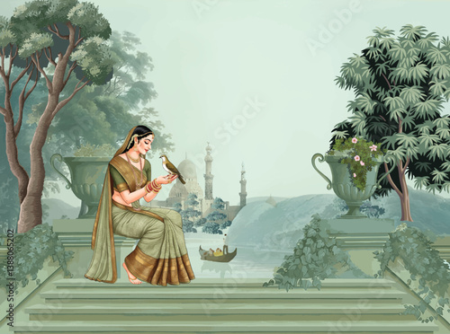 Mughal queen sitting in benefitplace, Antique scenic landscape wallpaper. Lake, Mural in the hills Vintage landscape wallpaper.