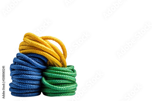 Colorful climbing rope coils lying on transparent background