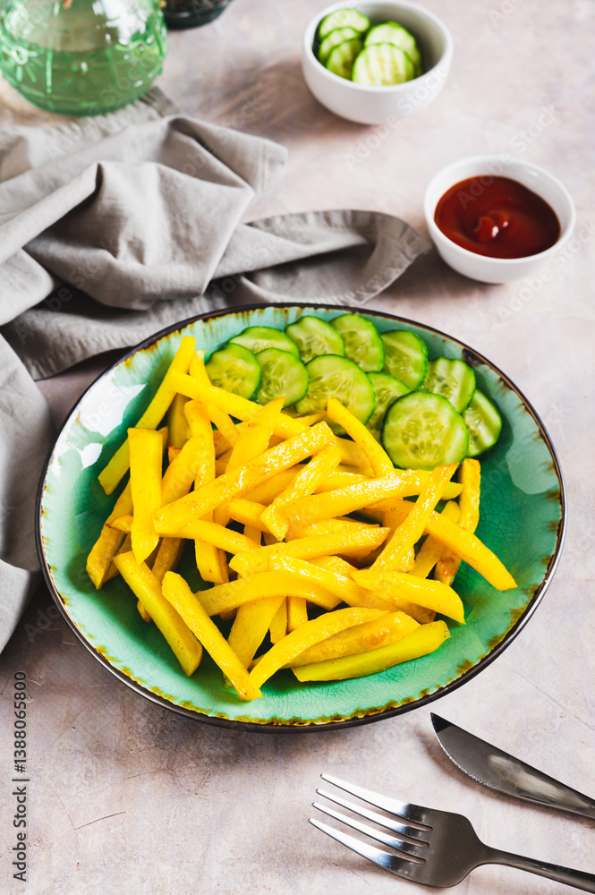A plate of delicious French fries with cucumber and ketchup on the table vertical view