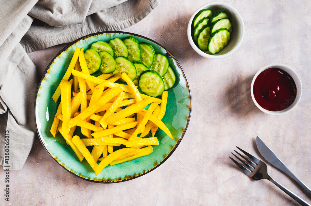 Appetizing French fries and cucumber slices on a plate on the table top view