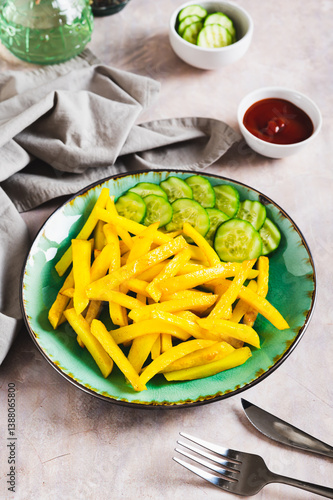 Obraz na płótnie A plate of delicious French fries with cucumber and ketchup on the table vertical view w salonie