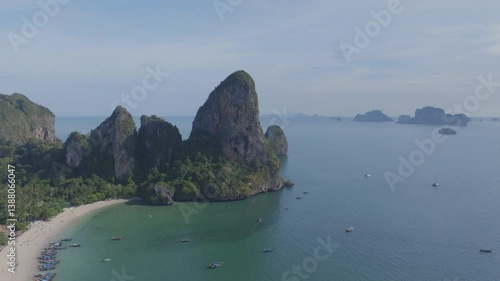 beautiful aerial shot of a beach with limestones in Krabi, Thailand. Railay beach.