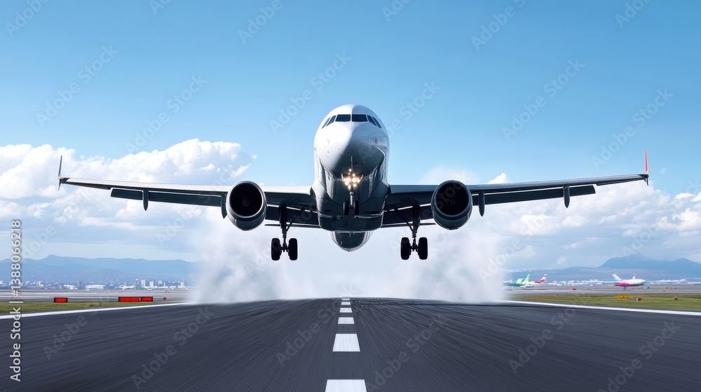 Obraz premium Airplane Taking Off from Runway Against Blue Sky Background