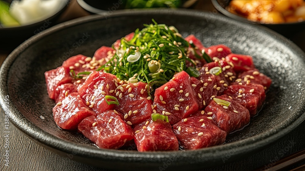 Fresh raw beef sashimi with sesame seeds, presented in a traditional Japanese culinary s Fresh raw beef sashimi with sesame seeds, presented in a traditional Japanese culinary s