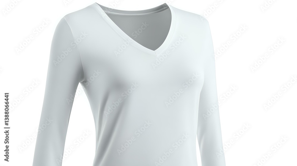 White v-neck long sleeve women's t-shirt mockup isolated on white background. Clean minimal design template ready for branding and custom print presentation.