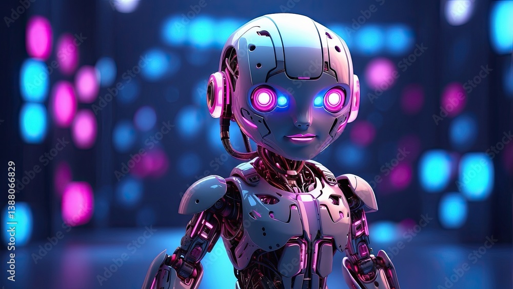 A small futuristic robot with a square head and glowing blue and pink eyes stands on a glowing circuit board against a dark background. A small futuristic robot with a square head and glowing blue and pink eyes stands on a glowing circuit board against a dark background.