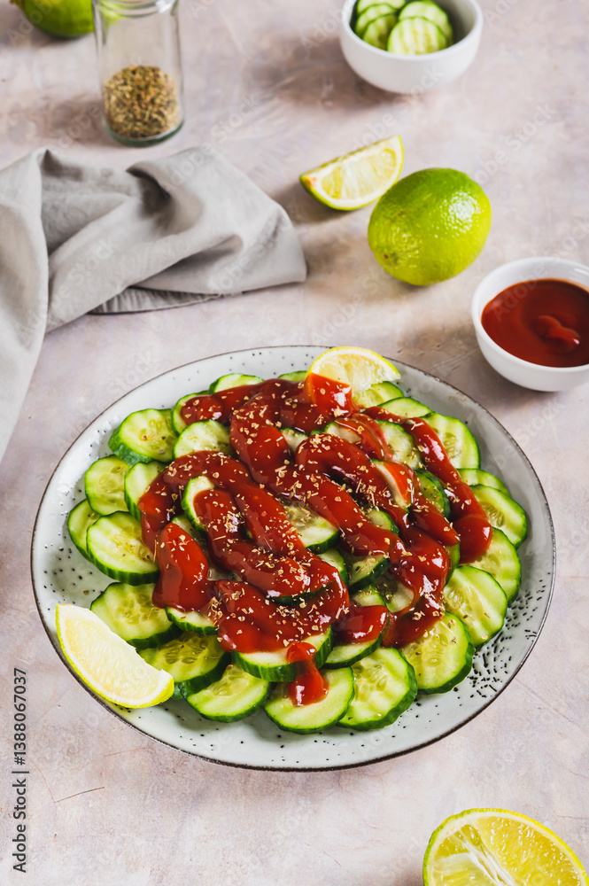 Delicious cucumbers with chili pepper and lime on a plate on the table vertical view