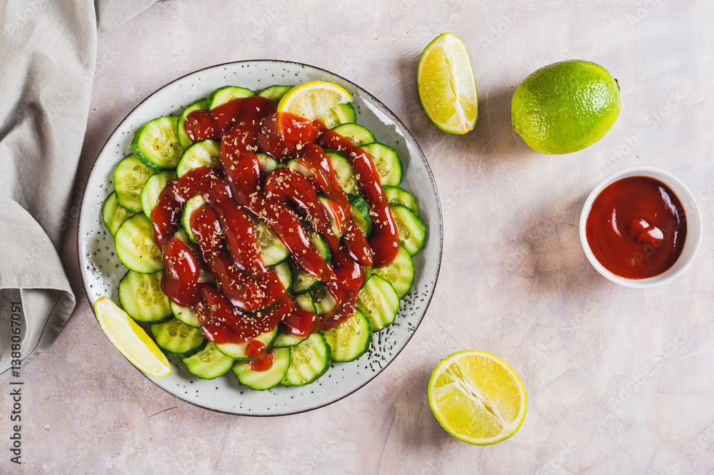 Mexican spicy cucumbers with chili sauce and lime on a plate on the table top view