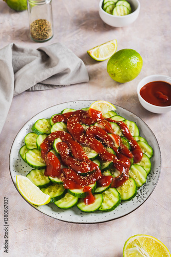 Obraz na płótnie Delicious cucumbers with chili pepper and lime on a plate on the table vertical view w salonie