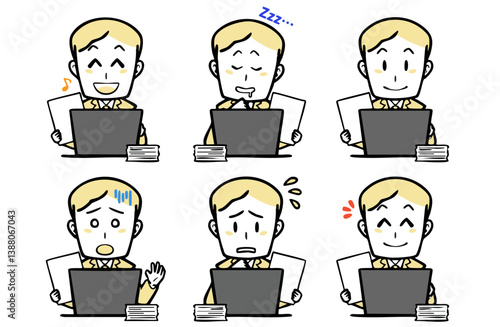 パソコンで仕事をする、スーツを着た若い男性の表情セット