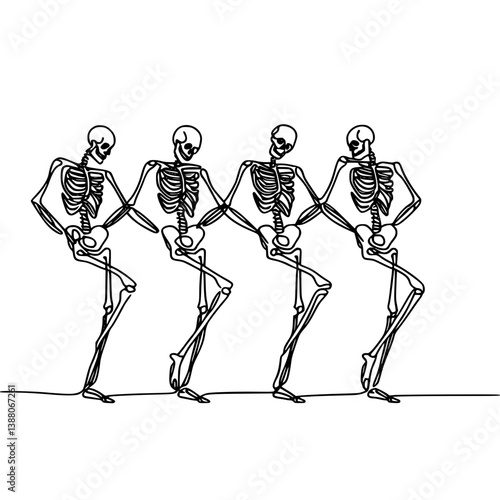 Skeletons dancing in a playful line art style against a white background, Halloween 