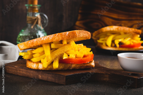 Obraz na płótnie Fried toasts with french fries and tomato on a board on the table w salonie