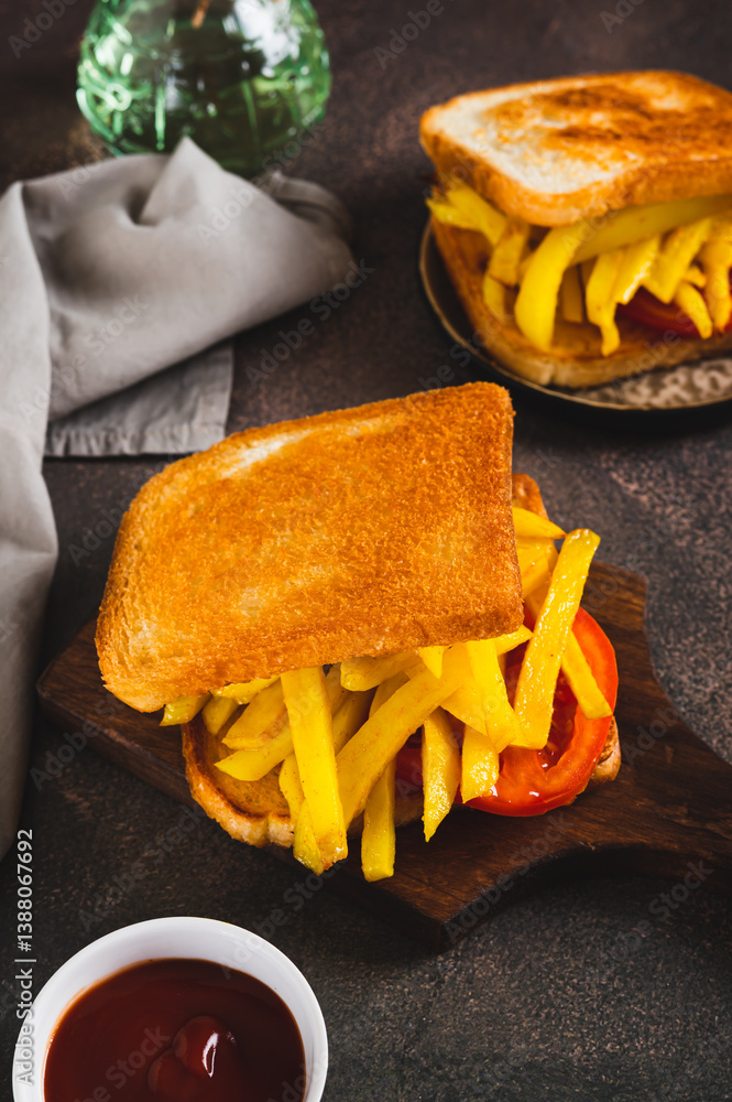 Crispy sandwich with french fries and tomato on a board on a table vertical view