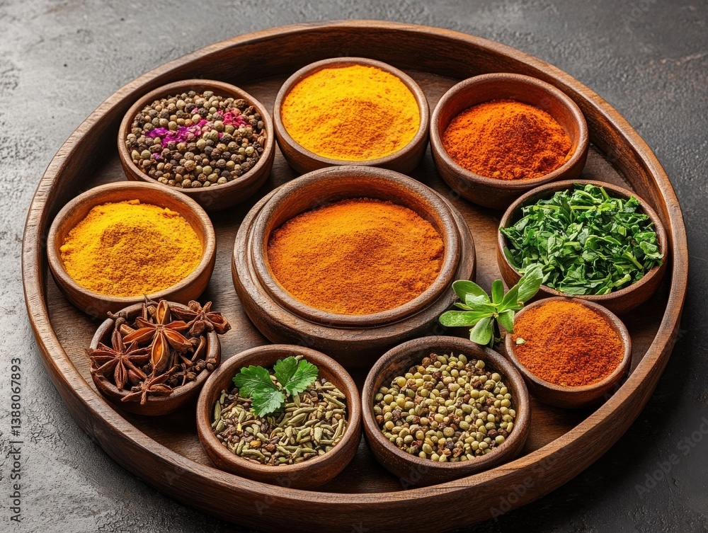 Vibrant Assortment Of Spices And Herbs Displayed In Bowls On Wooden Tray On Dark Surface For Culinary Adventures And Flavorful Cooking Experiences Vibrant Assortment Of Spices And Herbs Displayed In Bowls On Wooden Tray On Dark Surface For Culinary Adventures And Flavorful Cooking Experiences