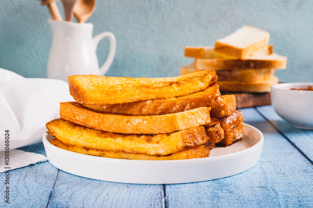French crispy sweet toast on plate on table