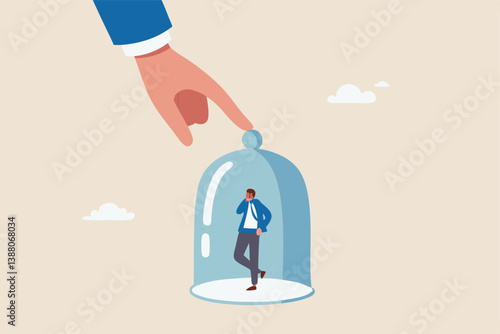 Employee or customer retention, reduce churn rate or talent management, company loyalty or CRM customer relationship management concept, businessman hold glass to retain small employee inside.
