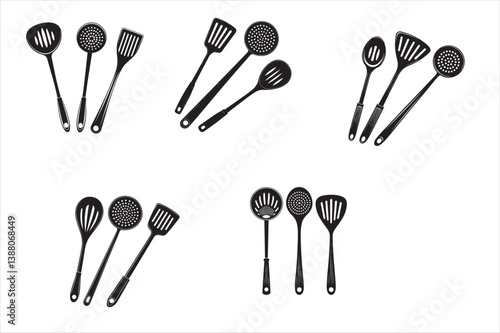  A bold black silhouette illustration of various kitchen materials with white background.