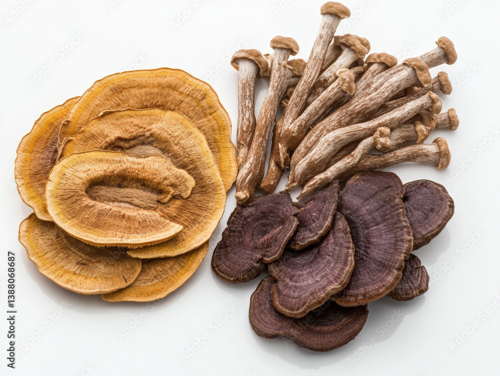 Fototapeta premium Reishi, Shitake Ashwagandha white background, clear space for text