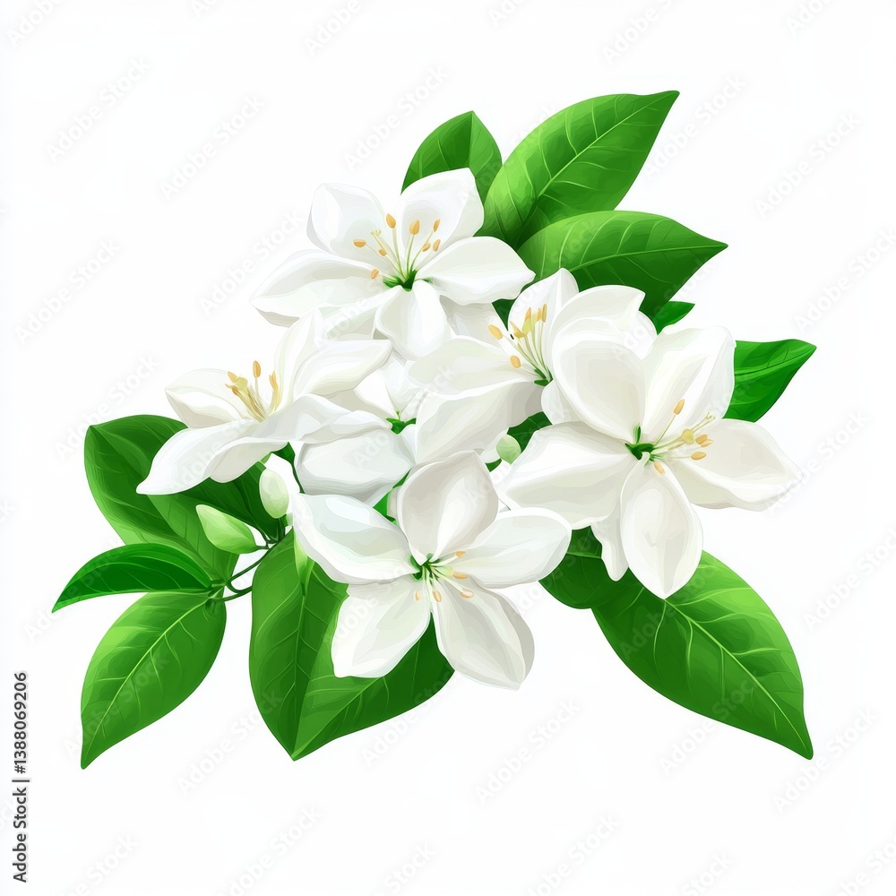 Obraz premium A Delicate and Fragrant Bouquet of Vibrant White Flowers with Lush Green Leaves, a Captivating Visual Representation of Nature's Beauty.