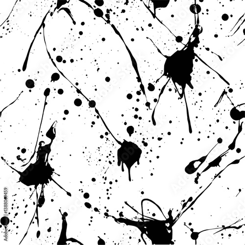 Seamless Pattern Of Black Ink Splatters And Drops On White Background
