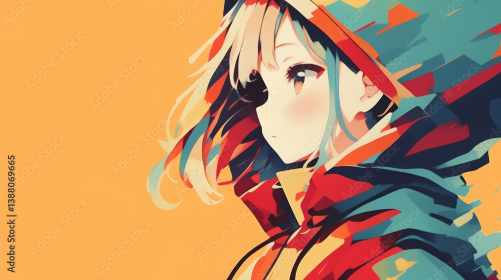 Vibrant Anime Girl in Hoodie, Colorful Abstract Art Vibrant Anime Girl in Hoodie, Colorful Abstract Art