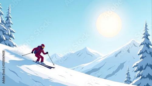 Skiing in the mountains. Vector illustration in trendy flat style with skier in red sports suit, skiing downhill on the snow mountains landscape background