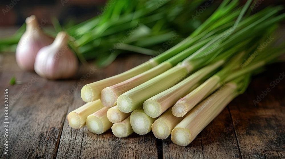 Fresh lemongrass stalks neatly arranged on a rustic wooden table, emphasizing natural herbs and culinary use Fresh lemongrass stalks neatly arranged on a rustic wooden table, emphasizing natural herbs and culinary use