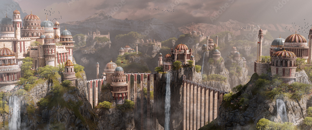Fototapeta premium Medieval city on the mountain connected by bridges. Sci-fi fantasy cityscape with parks and waterfalls. 3d render.
