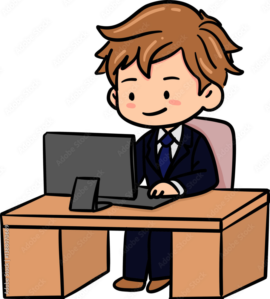 cute business man acting using computer in doodle style illustration cute business man acting using computer in doodle style illustration