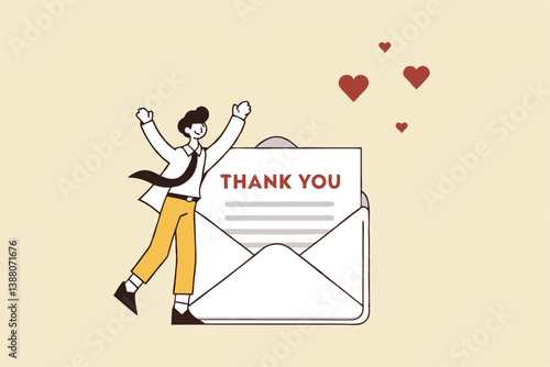 Thank you message, appreciation or greeting to client, customer or employee communication, gratitude letter email, calligraphy concept, businessman saying thank you on thanks message envelope.