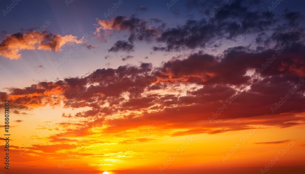 Fototapeta premium Colorful sunset. Red orange yellow sky with clouds. Beautiful bright evening sky background for design.