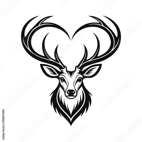Vector illustration of a heart with wings and a deer silhouette with antlers in a Christmas-themed design