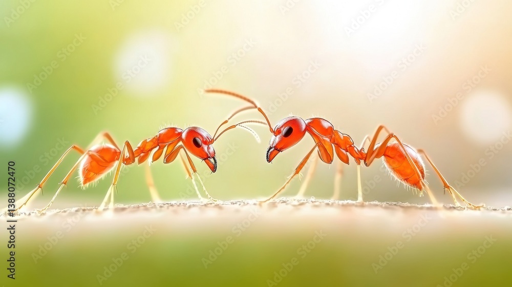 Fototapeta premium Close-Up Interaction Between Two Red Ants on Natural Background
