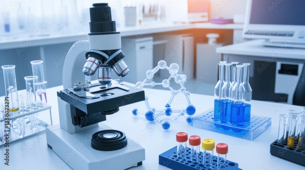 Naklejka premium Laboratory Equipment with Microscope, Beakers, and Chemical Samples