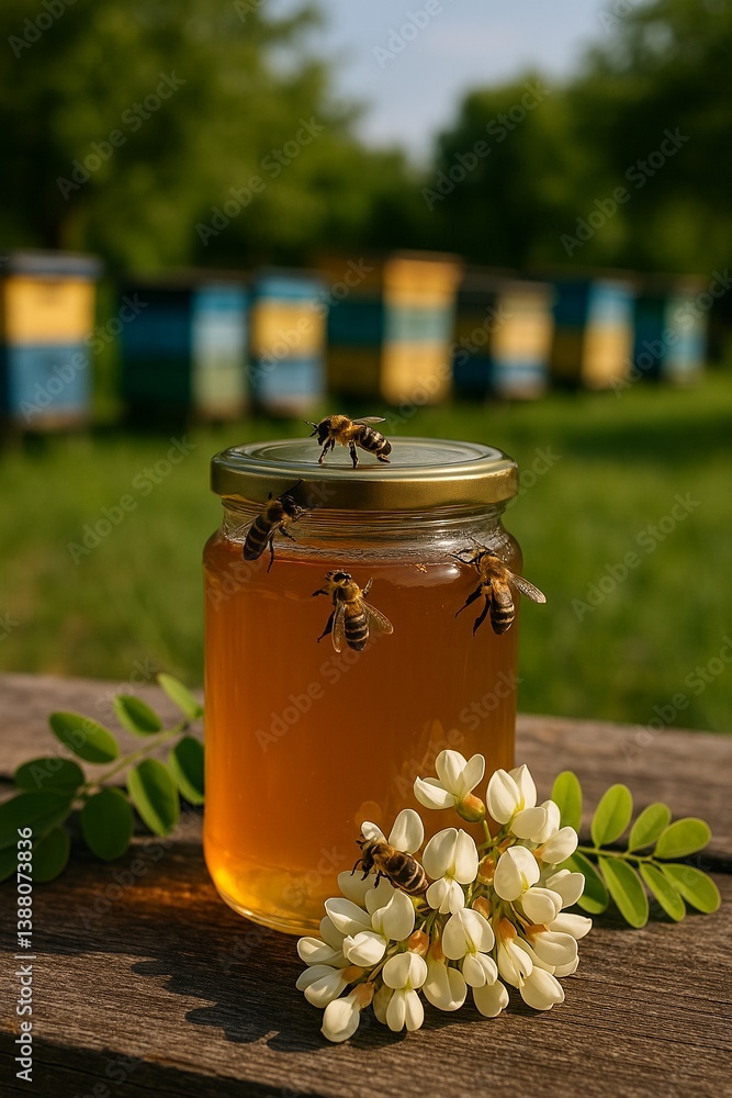 Honey Jar Surrounded by Bees and Blossoms Honey Jar Surrounded by Bees and Blossoms