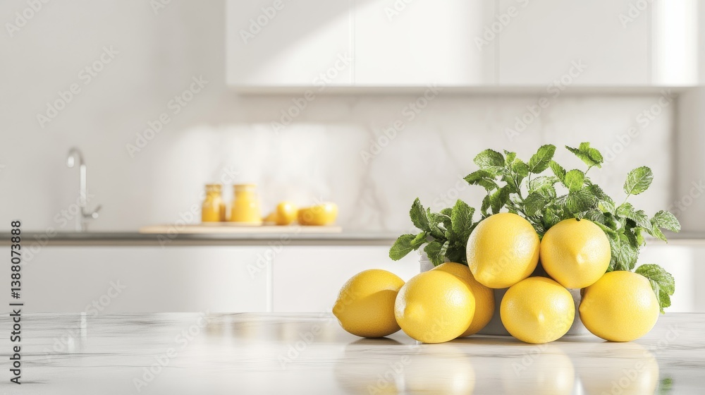 Fresh Lemons and Mint Leaves on Marble Countertop in Bright Kitchen Fresh Lemons and Mint Leaves on Marble Countertop in Bright Kitchen