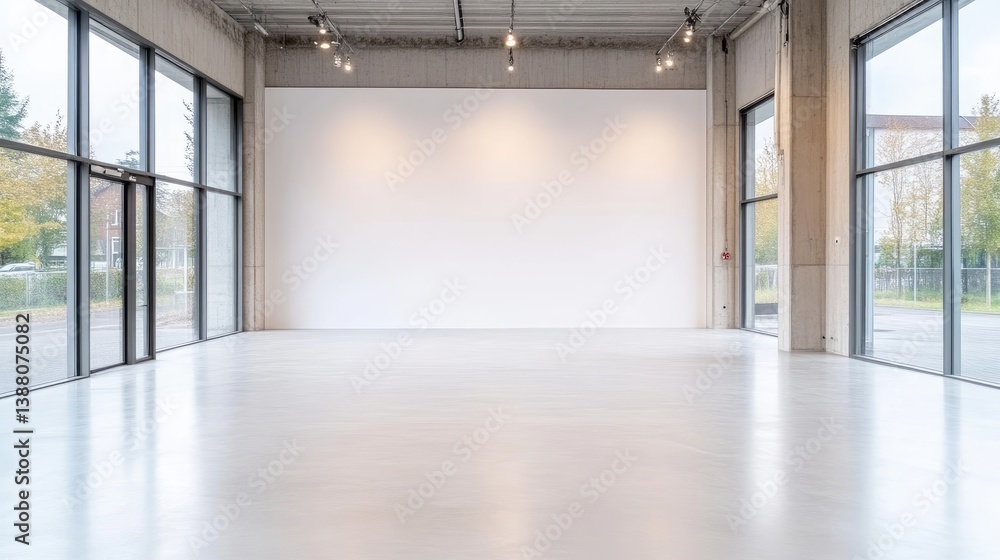 Fototapeta premium A large, empty room features a blank white wall. Floor-to-ceiling windows provide ample natural light. The space is minimalist and bright. The image is high-resolution, with even lighting. Its clean