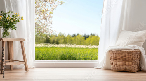 Peaceful countryside retreat with open window and serene garden view