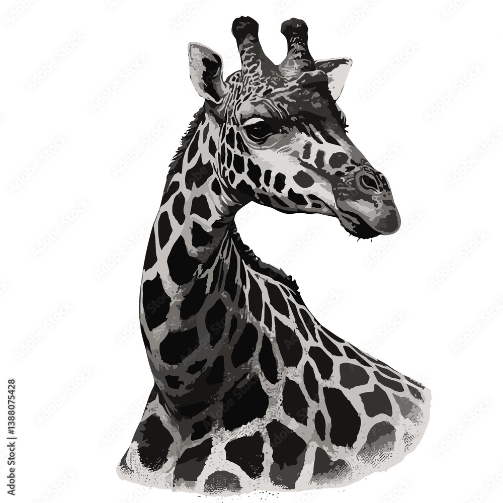 Naklejka premium Black and white illustration of a giraffe, detailed design, representing wildlife and natural beauty.