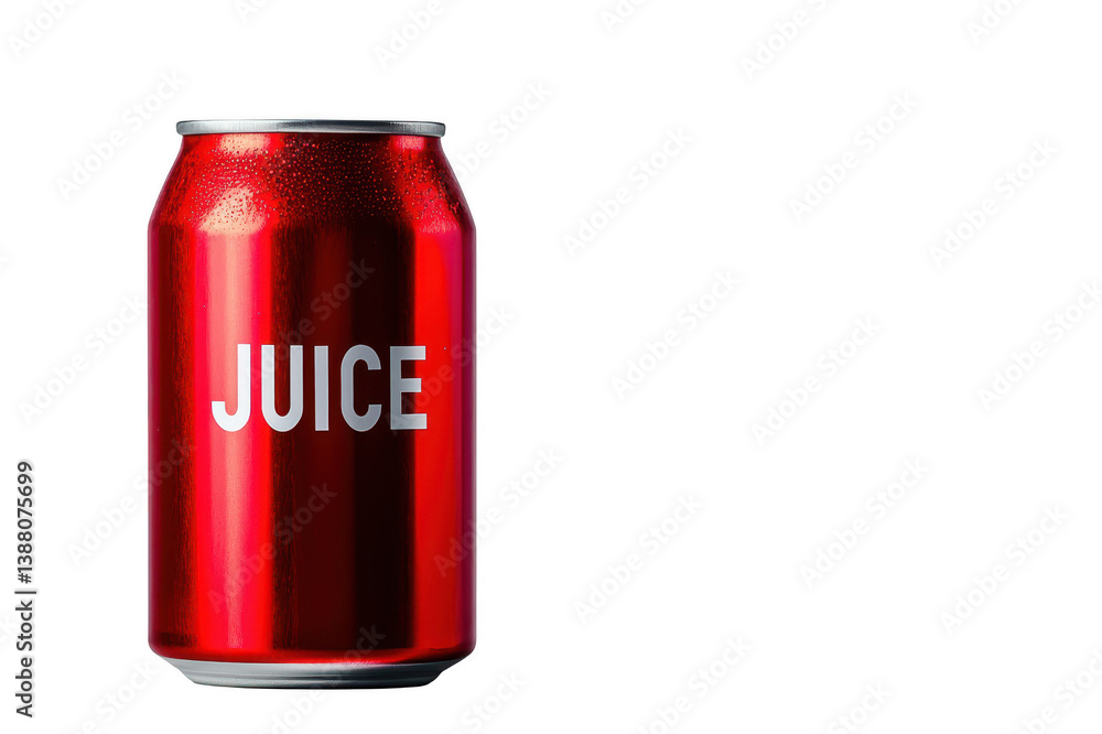 Refreshing red aluminum can with condensation, labeled juice on a transparent background Refreshing red aluminum can with condensation, labeled juice on a transparent background