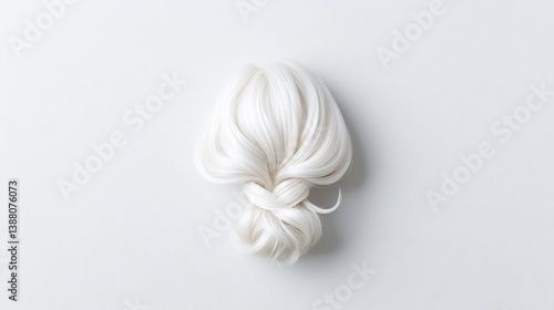 A white, neatly tied hair bun is the central focus. Its positioned against a plain, light gray background. The image is clean and minimalist, with soft lighting creating a serene mood. The colors ar