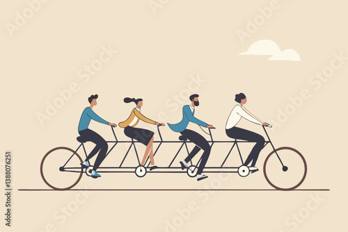 Teamwork working together for success, togetherness or cooperation, collaboration or support other to win together concept, business people employees on tandem bicycle forward metaphor of teamwork.