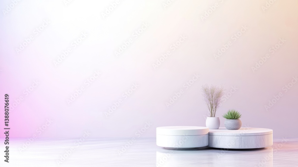 Minimalist, modern interior design scene with soft, pastel color gradient. Two round, white tables are centrally located in a room with plants Minimalist, modern interior design scene with soft, pastel color gradient. Two round, white tables are centrally located in a room with plants
