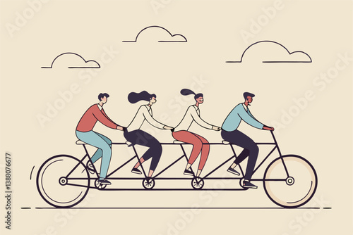 Teamwork working together for success, togetherness or cooperation, collaboration or support other to win together concept, business people employees on tandem bicycle forward metaphor of teamwork.