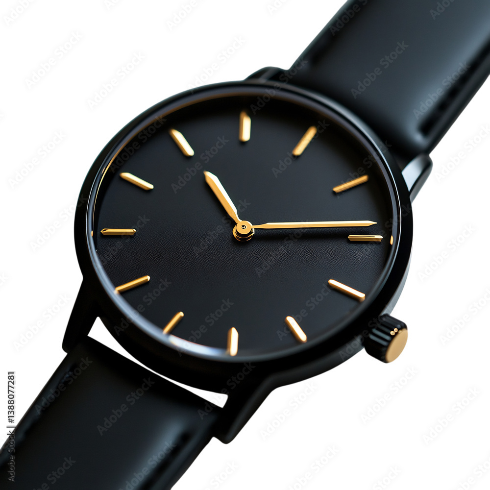 Minimalist Black Watch with Gold Second Hand Isolated on Transparent Background Minimalist Black Watch with Gold Second Hand Isolated on Transparent Background