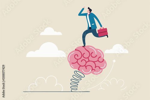 Brain intelligence, resilience or creativity to control thinking process for new idea, smart or wisdom to brainstorm, imagination to success concept, businessman riding human brain with springboard.