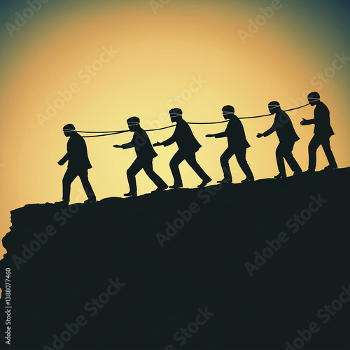 Silhouette of people blindly following a leader off a cliff, tied together in a line. Concept of blind obedience, poor leadership, herd mentality, and social commentary, situation of inept management