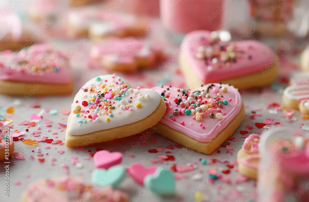 Heart-shaped cookies with pink-white icing and colorful sprinkles on pink background, sweet romantic theme, soft lighting, pastel color. Heart-shaped cookies with pink-white icing and colorful sprinkles on pink background, sweet romantic theme, soft lighting, pastel color.
